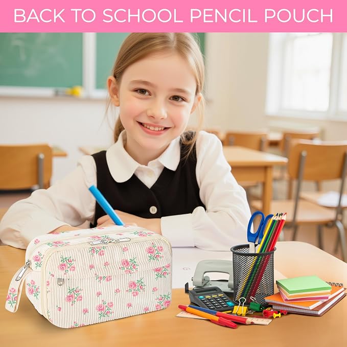 WOBAGMEN Cute Pencil Case,Large Corduroy Zippered Pencil Case Pouch, aesthetic Pencil Bag with Compartments, Pencil Pouch School Supplies (HY-corduroy pc-pink floral)