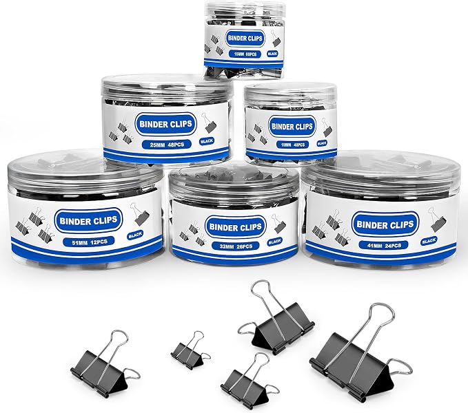 BainGesk 210 PCS Binder Clips Paper Clamps Assorted Sizes, Metal Paper Binder Clips, Black Binding Paperwork Clamp Bulk, 6 Sizes in 6 Boxes, School, Office Supplies