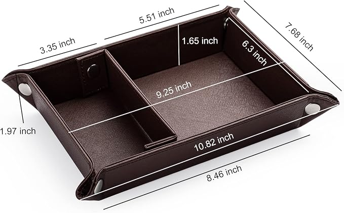 Valet Tray for Men PU Leather Tray Organizer with Partition Luxurious | Night Stand During Trays Storage Keys, Watch & Practical Storage for Table Nightstand Living Room Bedroom (Dark Brown)