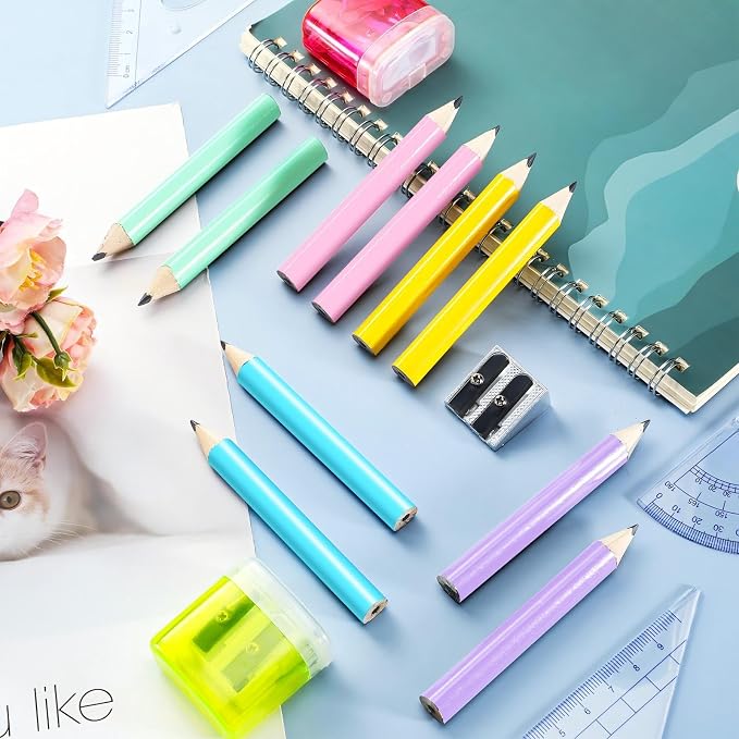 Marspark 30 Pcs Short Triangular Fat Pencils Bulk First Day of School 3.5 Inch Wooden Jumbo Pencils with Sharpener and 2 Erasers for Preschoolers, Kindergarten, Toddlers, Beginners(Bright Colors)