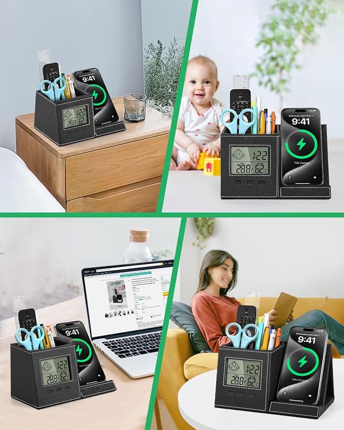 Pen Holder with Wireless Charger, Built in Digital Indoor Thermometer and Humidity Monitor, Multi-Functional Desktop Organizer for Home, School, Office Supply, Midnight Black