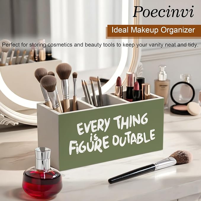 Olive Green Inspirational Pen Holder for Home Office Desk, Everything Is Figureoutable Positive Affirmations Wooden Box Sign Pencil Holder for Desk Shelf Organizer