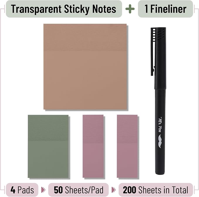 Mr. Pen- Transparent Sticky Notes Set, 200 Sheets | Transparent Sticky Notes and Planner Tabs with Black Fineliner Pen for Bible Study, Office, School, Planning
