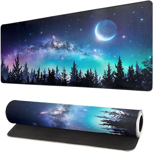 Extended Gaming Mouse Pad, XL Large Keyboard Mouse Mat Desk Pad, Stitched Edges Mousepad, 3mm Thick Long Non-Slip Rubber Base Mice Pad, 31.5 X 11.8 Inch, Forest Moon Galaxy