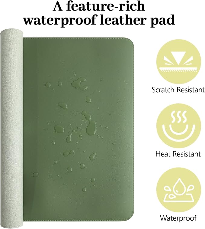 Olive Green Leather Desk Mat Large Mouse Pad, Waterproof Desk Pad for Keyboard and Mouse, Non-Slip Computer Desk Protector, Smooth Mouse Movement Desk Mat for Home and Office(35.4"×17")