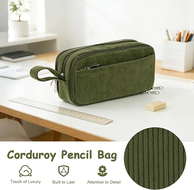 BuyCard Large Capacity Corduroy Pencil Case, Green Zipper Pouch, Aesthetic Pen Pouch, Supplies Organizer for Teen Girls Boys Women Men, Teacher Appreciation Gifts, Fathers Day Gift