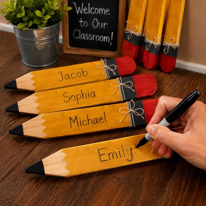 Novabright 7 Pcs Back to School Wooden Pencil Tiered Tray Decor 5.12 x 1.18 Inches Back to School Table Centerpiece Tabletop Classroom Teacher Pencil Name Tags Signs for DIY Crafts Desk Rustic Decor