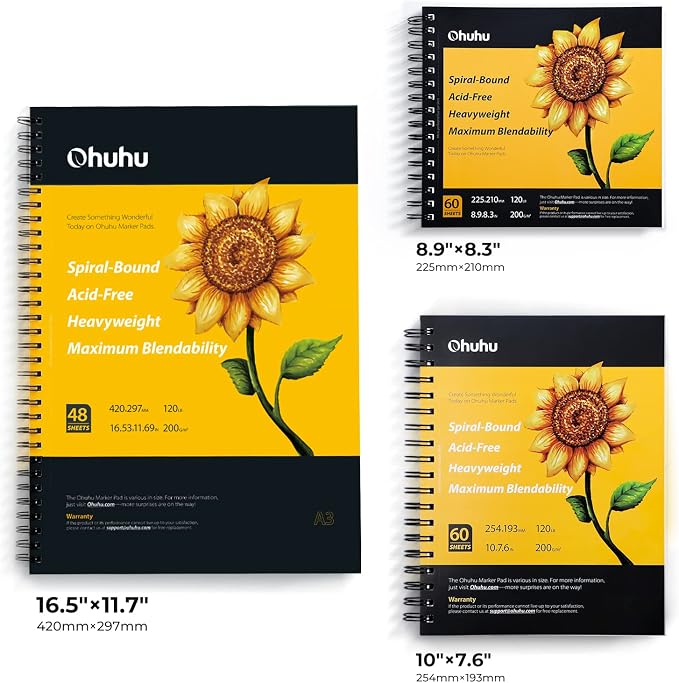 Ohuhu 16.5"x11" Marker Paper Pad Art Sketchbook for Drawing and Sketching | XL A3 Large Sketch Book -120 LB/200 GSM Smooth Drawing Paper -48 Sheets/96 Pages -Spiral-Bound Sketch Pad for Alcohol Markers