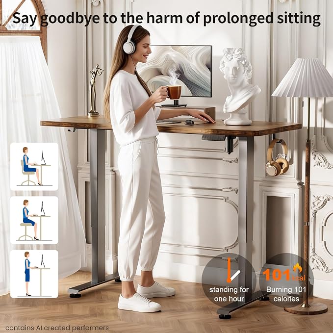 Veken 55 Inch Large Electric Standing Desk, Gaming Table, Brown | Height Adjustable Sit Stand Up Computer Tables for Home Office, Study , Writing, Suit students, employees and group work