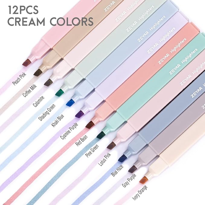 ZEYAR Aesthetic Cute Highlighter Pens, Cream colors, Chisel & Flexible Tip, Cuboid Design, Water Based, Quick Dry, No Bleed for bible (12 Cream Colors)