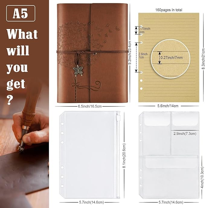 OMEYA Leather Journal Notebook, Refillable Writing Journal Diary Planner for Women Girls (Brown, A5-9.3''×6.3'')