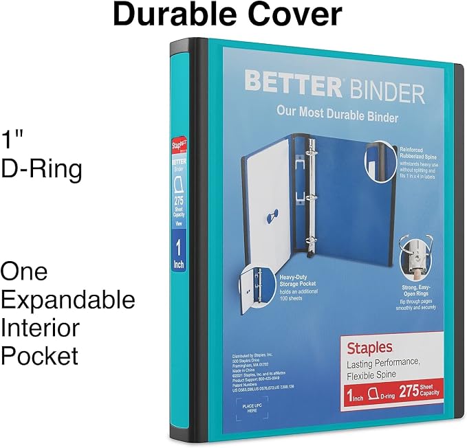 Staples Better Binder 1-Inch D-Ring View Binder, Reinforced Spine, Holds Up to 275 Sheets, Teal, for Office & School