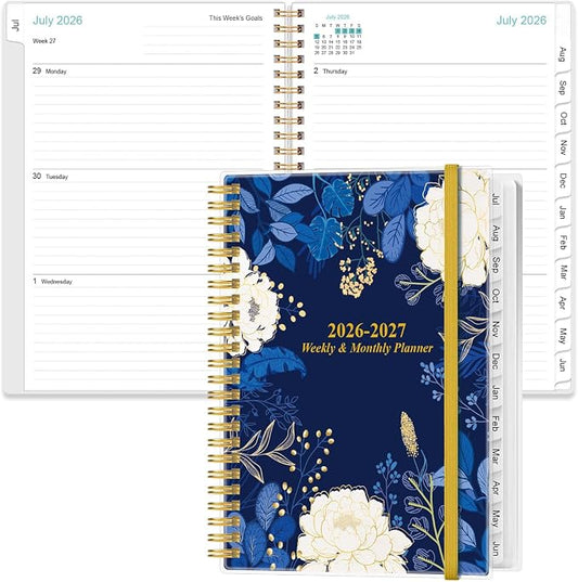 2026-2027 Planner - Planner 2026-2027 from July 2026 - June 2027, Weekly & Monthly Planner Spiral Bound with 12 Monthly Tabs, Inner Pocket, 6.4" x 8.5", Blue Flower