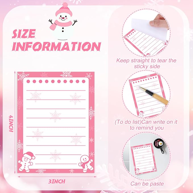 Chiisong 12 Pcs Christmas Sticky Notes Pink Christmas Notepad Santa Snowflake Snowman Self Adhesive Memo Pads Xmas Gift Cute Decorative Notepad Winter Party Favor for Office Winter Holiday Gift