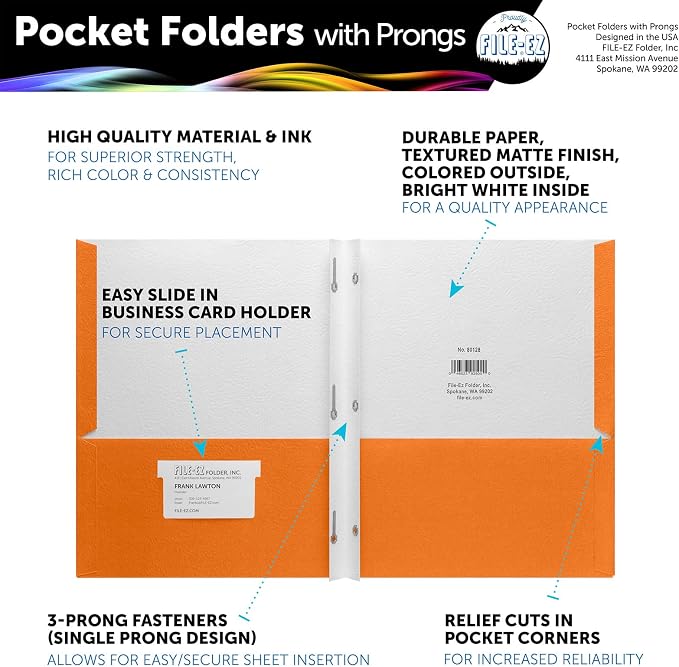 FILE-EZ Two-Pocket Folders with 3-Prong Fasteners, Orange Color, 25-Pack, Durable Textured Paper, Matte Finish, Letter Sheet Size (EZ-92565)