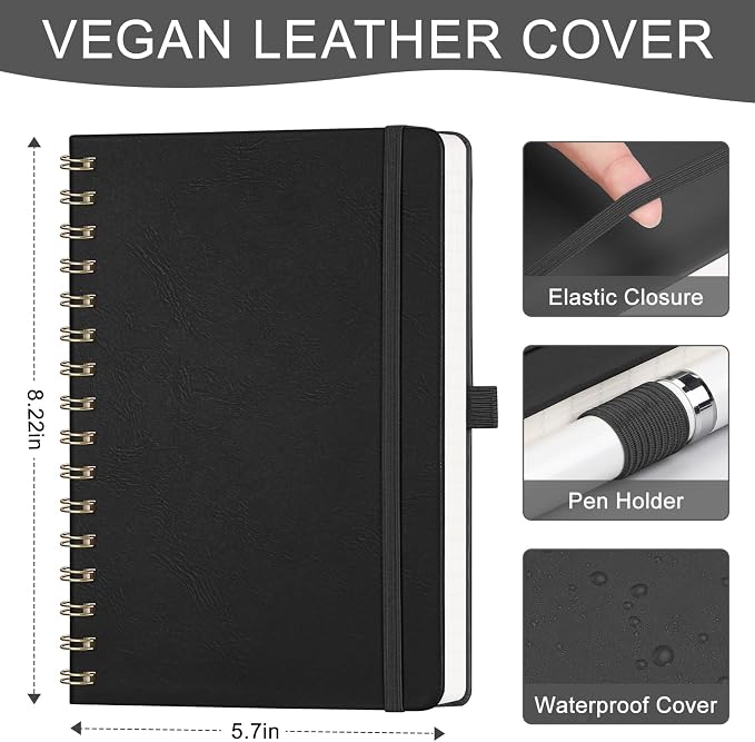 AHGXG Lined Spiral Journal Notebook, 140 Pages, A5 (5.7" x 8.3") | Journals for Women, Hardcover Leather Notebook College Ruled, 100 GSM Paper, for Work School Note Taking (Black)