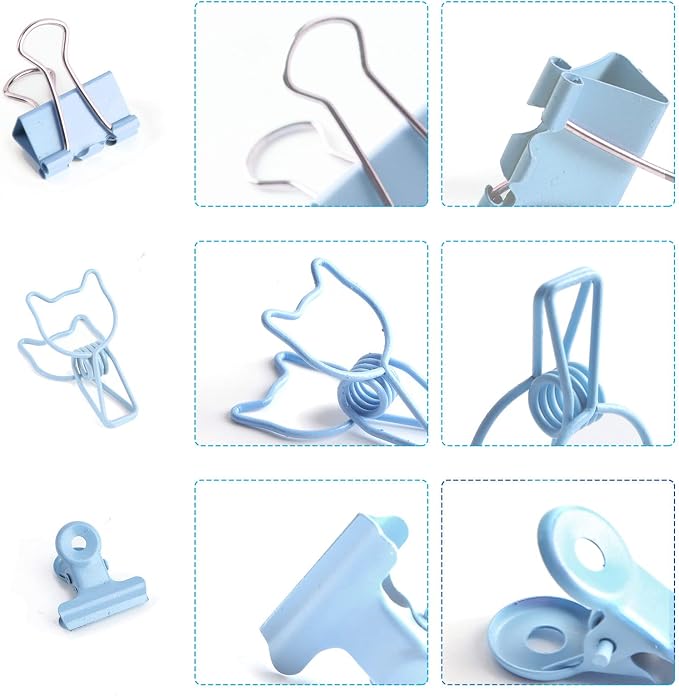 Paper Binder and Clips Set, Metal Assorted Sized Binders with Push Pins, Cute Office Supplies, Teacher Desk Must Haves, Cute Desk Accessories (72, Blue, 1 Pack)