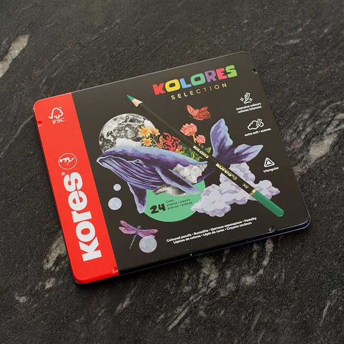 Kores - Kolores Selection: 24 Coloured Pencils for Adults & Artists, FSC wood with Soft Lead, Triangular Shape, Premium Arts and Hobby Supplies, Set of 24 Assorted Colours in metal case
