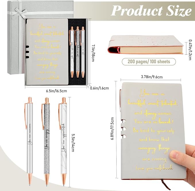Resurhang 5 Pcs Inspirational Journal for Women Employee Appreciation Gift A6 Leather Journal Glitter Ballpoint Pen with Box for Back to School Teacher Coworker Female Secretary Nurse(Gray)