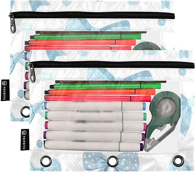 Pencil Pouch for 3 Ring Binder, Bows in Light Blue Dot Pattern Binder Pouches with Zipper Bulk, Pen Holder Case with Clear Window School Class Office Organizers