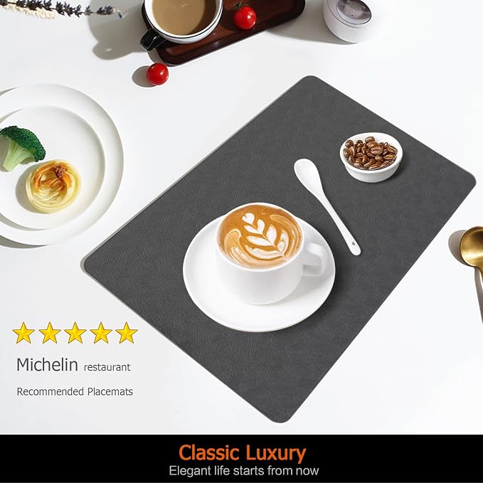 Gray Plastic Vinyl Placemats Set of 6, Waterproof Heat Resistant Table Mats,Faux Leather Wipeable Washable Easy Clean Non-Slip Place Mats for Indoor Outdoor(6,Gray)