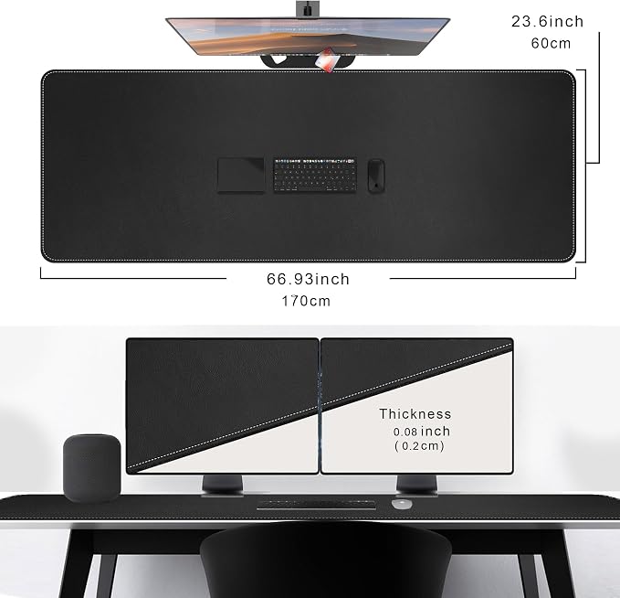CENNBIE Leather Desk Mat, 66.9" x 23.6" Extra Large Desk Pad Blotter Protector, Extended Non-Slip Mouse Pad, Waterproof PU Leather Desk Mat on top of desks Large for Office and Home (Black)