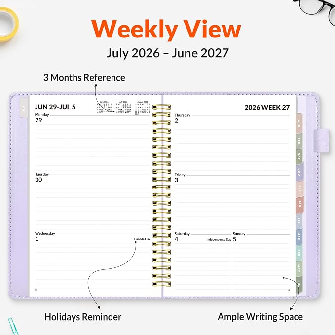 SUNEE 2026-2027 Weekly & Monthly Planner 6.4"x8.5" - 12 Month (July 2026 - June 2027), Vegan Leather Cover Planner Academic Year Calendar, Pocket, Notes, Monthly Tab, Purple