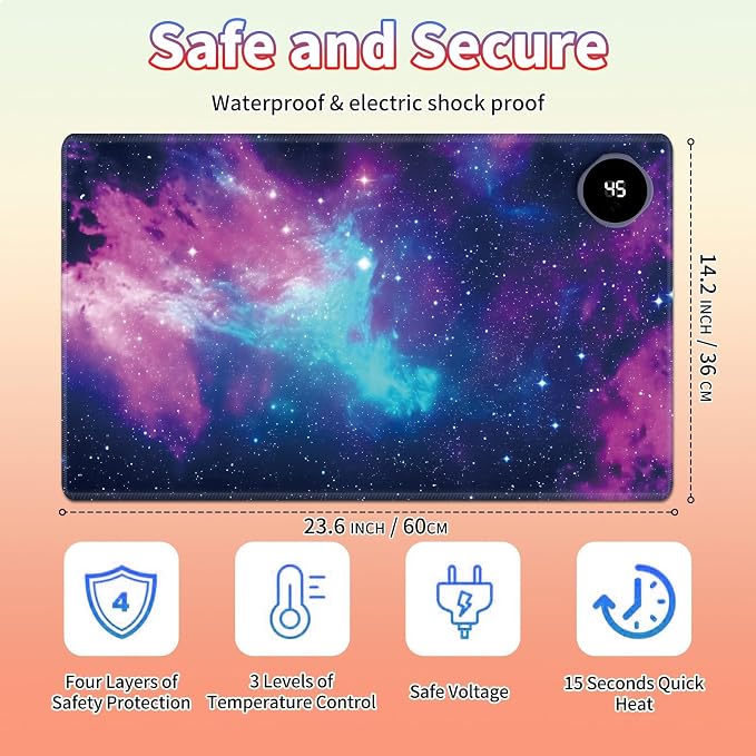Heated Desk Pad Large Mouse Pad 23.6 x 14.1 inch with 3 Levels Heating & Auto Shut-Off Warm Mouse pad PU Leather Computer Mousepad for Home Office Work - Beautiful Galaxy
