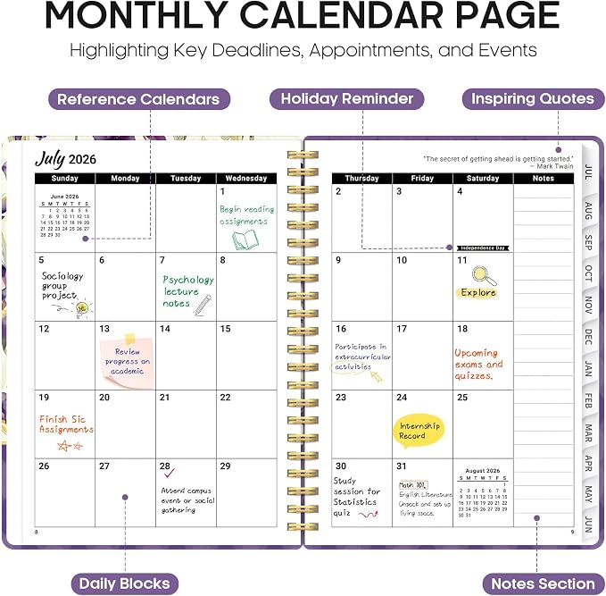 Planner 2026-2027, Academic Year Monthly and Weekly Calendar Planner, Jul 2026 - Jun 2027, Hardcover Teacher Student Planning Agenda book with Tabs, Perfect for School Office Supplies, 6.3" x 8.5" - Purple Iris