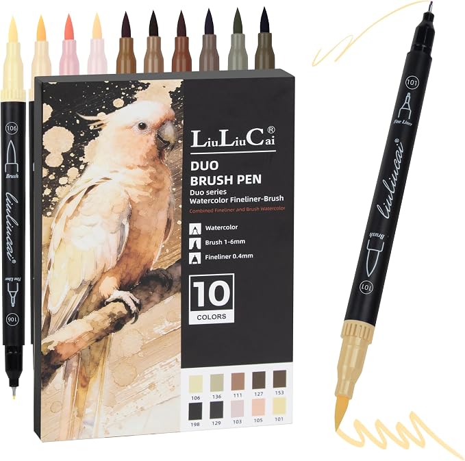 LIULIUCAI 10 Skin Tone Dual Tip Marker Pens, Fine Tip & Brush Tip Marker for Adult Coloring Book No Bleeding, Natural Skin Tone Markers for Realistic Portraits, Character Design, Sketching, Outlining