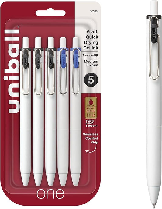 uniball™ one Gel Pens, Medium Point (0.7mm), Black and Blue Ink, 5 Pack | Ink stays on top of paper fibers for crisp vivid lines, wire pocket clip, color indicator top, smooth barrel & rubber grip