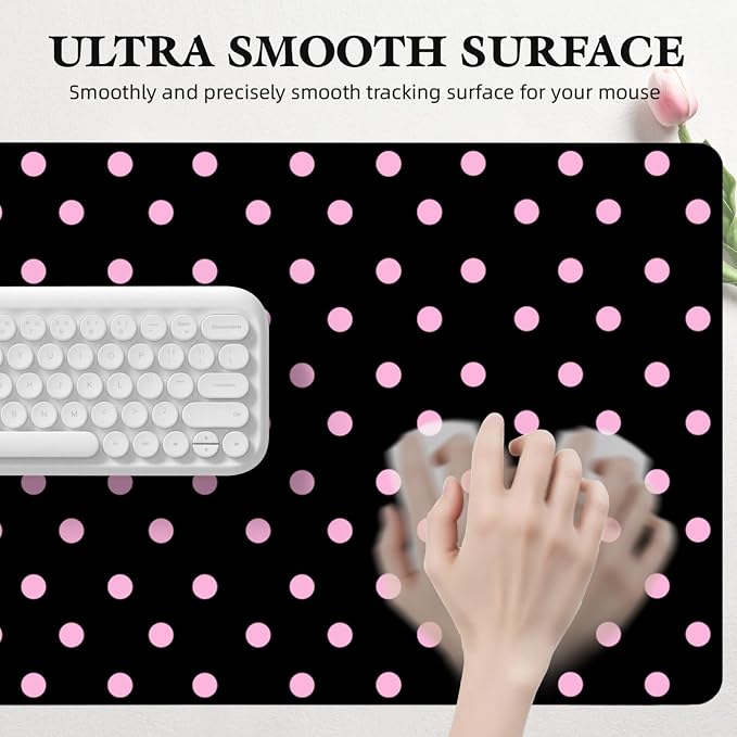 Pink Polka Dot Leather Desk Mat Extended Gaming Mouse Pad | Non-slip Large Writing Pad Laptop Blotter Computer Keyboard Mat | Cute Black Desk Protector for Home Office 23.6" x 11.8"