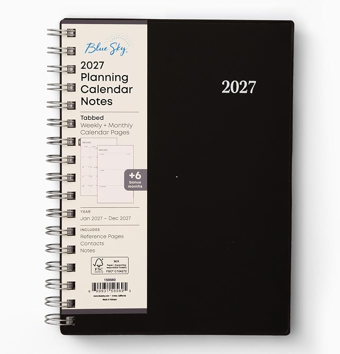 Blue Sky 2027 Weekly & Monthly Planner Notes, 5.875"x8.625", Enterprise | January 2027 - December 2027, Flexible Cover, Wirebound, 30 Extra Notes Sheets, Laminated Tabs