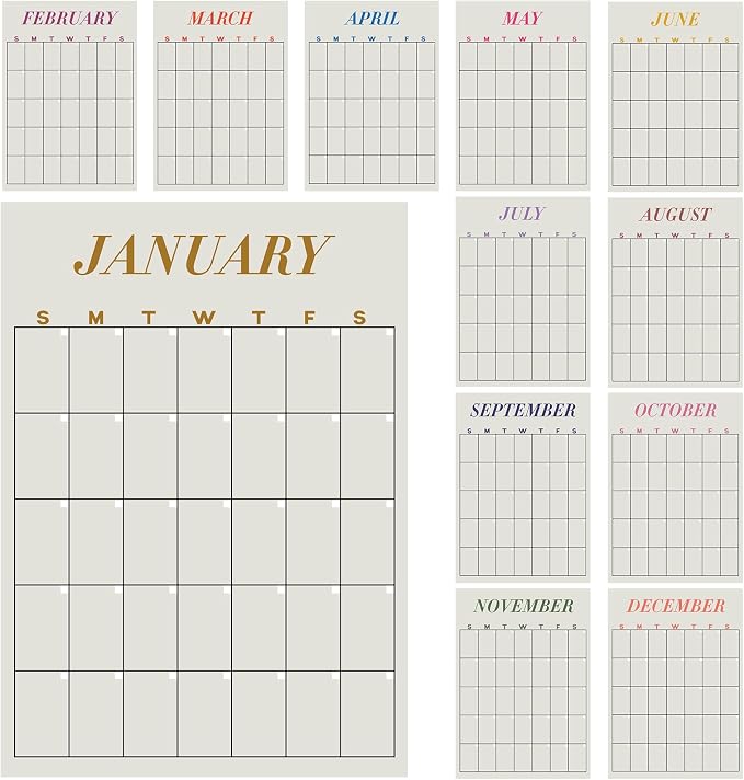 12 Pcs Undated Calendar 16‘'x 12‘' Large Colorful Wall Calendar 12 Month Dry Ease Reusable Planning Erasable Yearly Blank Planner Reserved Grid for Office Home Educational Study Room Back to Class