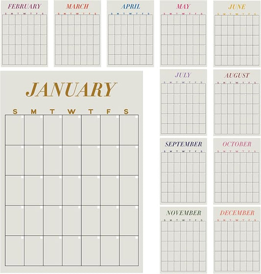 12 Pcs Undated Calendar 16‘'x 12‘' Large Colorful Wall Calendar 12 Month Dry Ease Reusable Planning Erasable Yearly Blank Planner Reserved Grid for Office Home Educational Study Room Back to Class