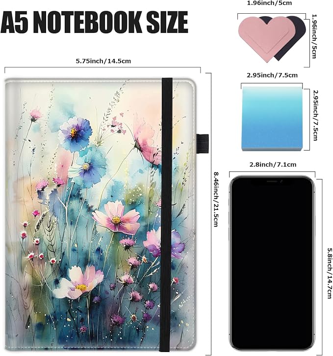 Hardcover Executive Notebooks, A5 PU Leather Lined Journal Notebook, 200 Pages Thick Paper Subject Notebooks for School,Work,Home Writing Business Notebook, Diary Book ，Watercolor Flowers