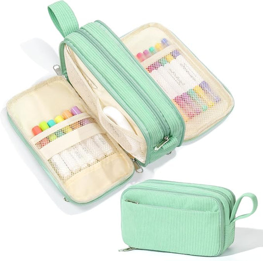 BuyCard Big Capacity Pencil Case, Corduroy Fabric, White with Mint Green Floral Pattern, Pencil Bag with Zipper Closure, Graduation Gift Office Stationery Storage Pen Pouch