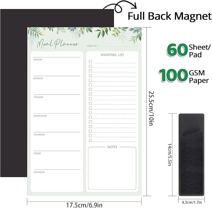 Thboxes 60 Sheets Magnetic Meal Planner for Fridge, Pen Holder, Green Leaf | Grocery List Pad, Undated Weekly Layout, Tear-Off Shopping List, 7 x 10 In, for Kitchen, Meal Prep, Families, Mums, Home