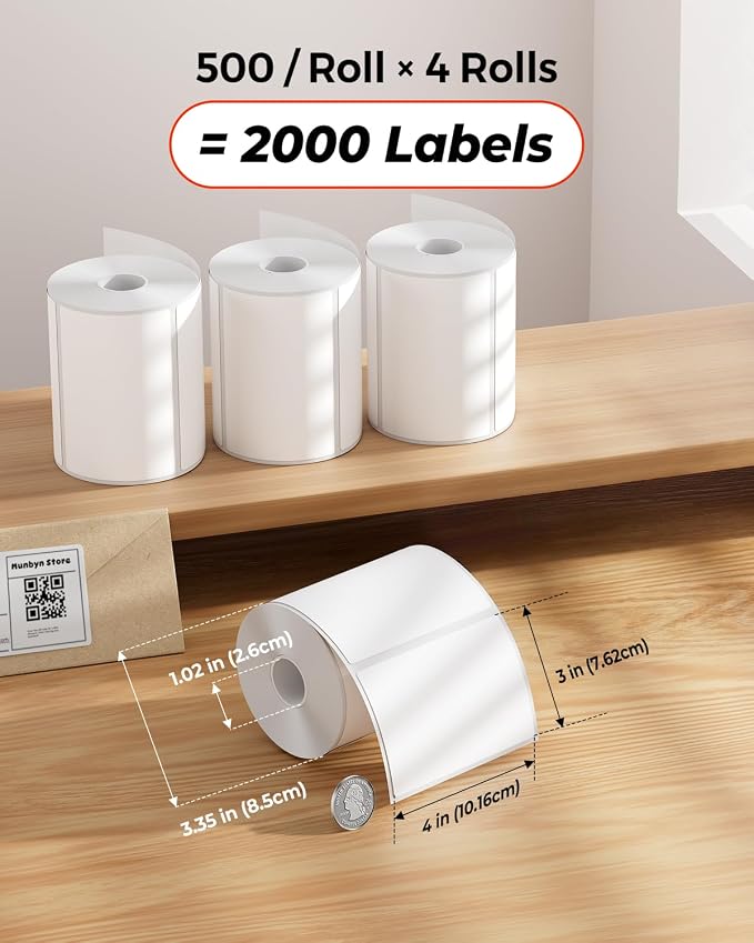 MUNBYN 4x3 Thermal Labels, 2000 Sheets/4 Roll，White | Strong Adhesive & Perforated, Non BPA&BPS for Small Business, Shipping, Bakery, Clothing