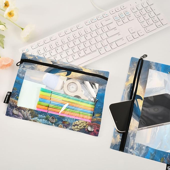 Funny Leaping Dolphins Nautical Ocean Coastal Pencil Pouch for 3 Ring Binder 2 Pack Zipper Binder Pencil Bag with Clear Window Pencil Case for Office Supplies