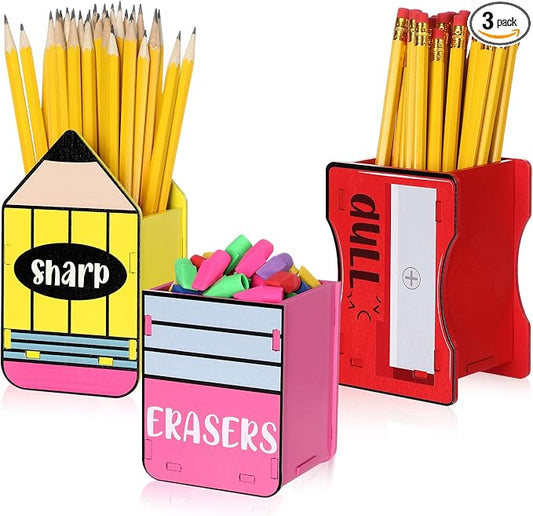 AmazingSpark 3 Pcs Pencil Shaped Holder Sharp and Eraser and Dull Holder Wooden Dispenser Pencil Storage Organizer for Back to School Management Organization (Bright,Dull)