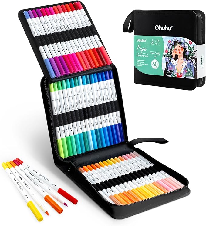 Ohuhu Adult Coloring Book Markers Paper-friendly Water-Based 60 Colors-Pupe | Coloring Markers No Peeling Dual Brush Fine Tips Ohuhu Markers No Bleeding Drawing Pens for Kids Adults Beginner Calligraphy