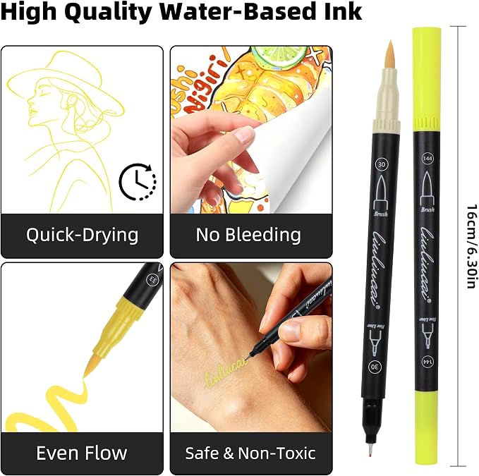 LIULIUCAI 10 Yellow Dual Markers, Fine & Brush Tip Pen for Adult Coloring | Yellow Markers, Drawing Pen for Sunflower, Fall Art, Highlights, Hand Lettering & Warm Accents, No Bleeding
