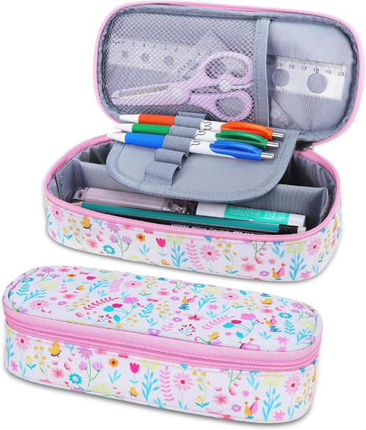 RHCPFOVR Kids Pencil Case for Girls-Soft Zipper Large Capacity Pencil Pouch for Girls Pencil Case for School Pencil Bag for Toddler (Leaf & Flower)