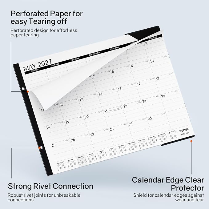 SUNEE Desk Calendar 2026 Large 22x17 from July 2026 to December 2027, Extra Large Desktop Monthly Calendar Pad 18 Months For Teacher or Office, Desk Top, Black Minimalism