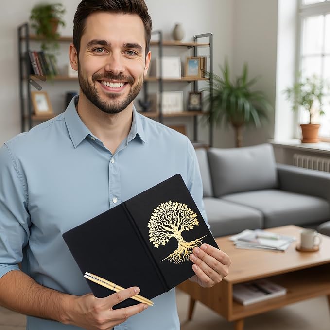 Tree of Life Journal and Pen Gift Set, Vegan Leather Journal Pen with 200 Pages, A5 Hardcover Leather Notebook with Gift Box Lined Fancy Diary Gifts for Women Men, Graduation(Black)