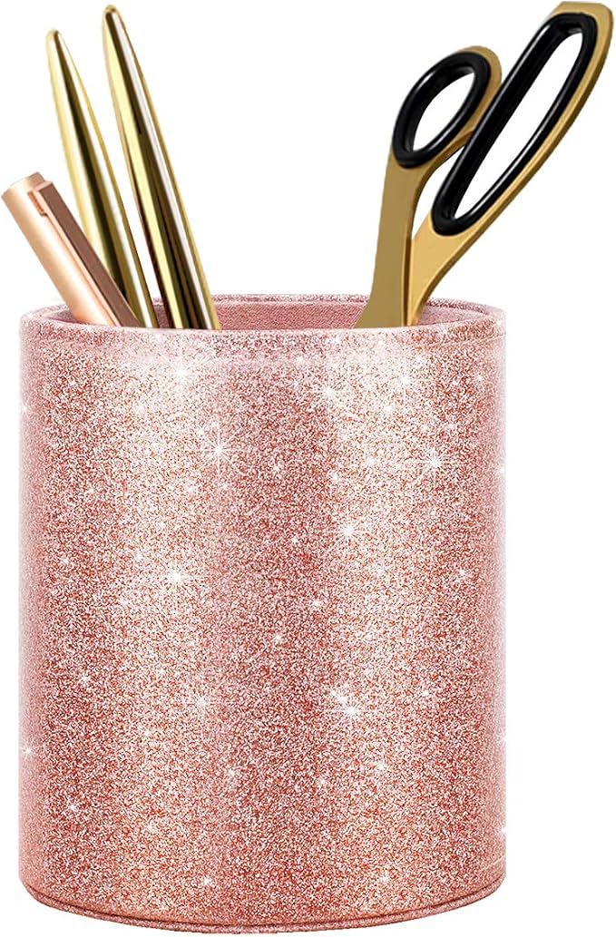 Glitter Pen Holder for Desk Cute, Pencil Cup Organizer, Rose Gold | Makeup Brush Holder, Desk Accessories, Large Pu Leather Multi-Functional Organizer for Office, Classroom, Home