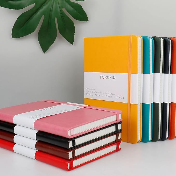 Grid Journal Bullet Notebook - Orange Leather Cover, 8.3 x 5.7Inch, 160 Pages, 100gsm Paper, Hardcover with Inner Pocket, Elastic Closure and Ribbon Bookmark, Great for Women and Men