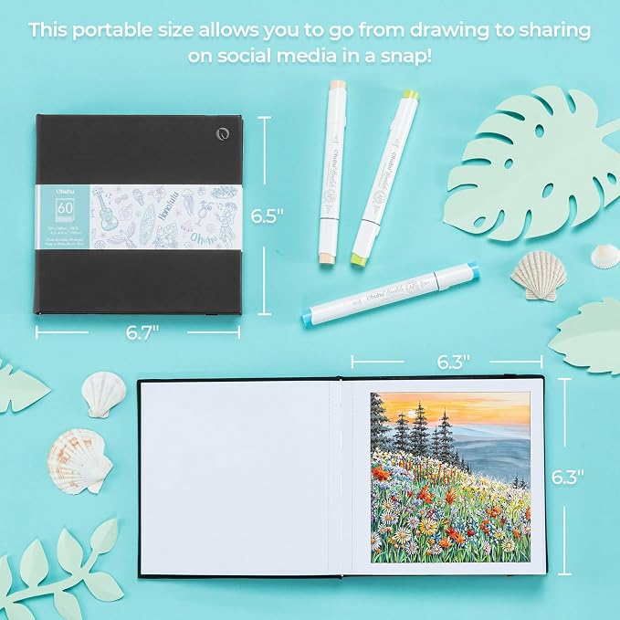 Ohuhu Double-Sided Marker Pad Art Sketchbook Bleedproof - 6.3"x6.3" Small Square Paper Size - 90 LB/150 GSM Smooth Drawing Paper - 60 Sheets/120 Pages - Hardcover Sketching Book for Alcohol Markers