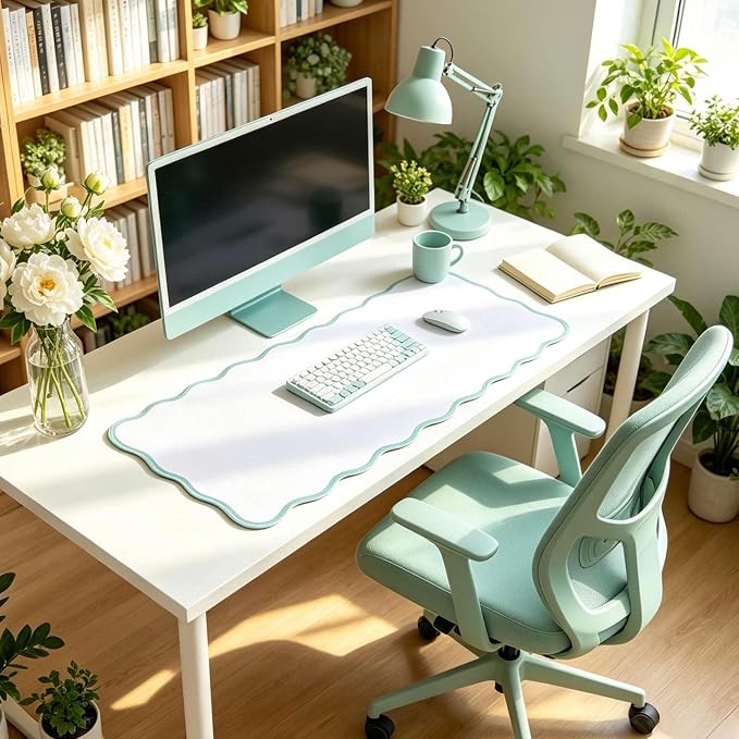 Yuboo Teal Scalloped Desk Mat for Women, 31"x15.7" Cute Waterproof Washable Non Slip Large Keyboard Mouse Pad, Cottagecore Aesthetic Desktop Pad for Gaming Office Dorm Desk Decor